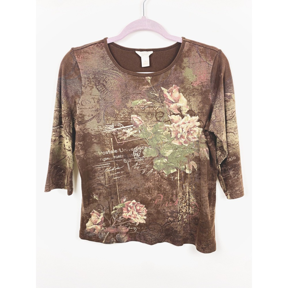 Christopher & Banks Vintage Y2K Floral Postcard Print Top